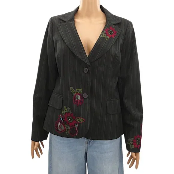 Embroidered Floral Pinstripe Blazer Size 8 Black Whimsigoth Boho Grunge Y2K - Picture 1 of 9